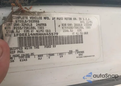 1992 Ford Econoline E150 Van из США, поврежденный, VIN 1FDEE14N8NHA45579